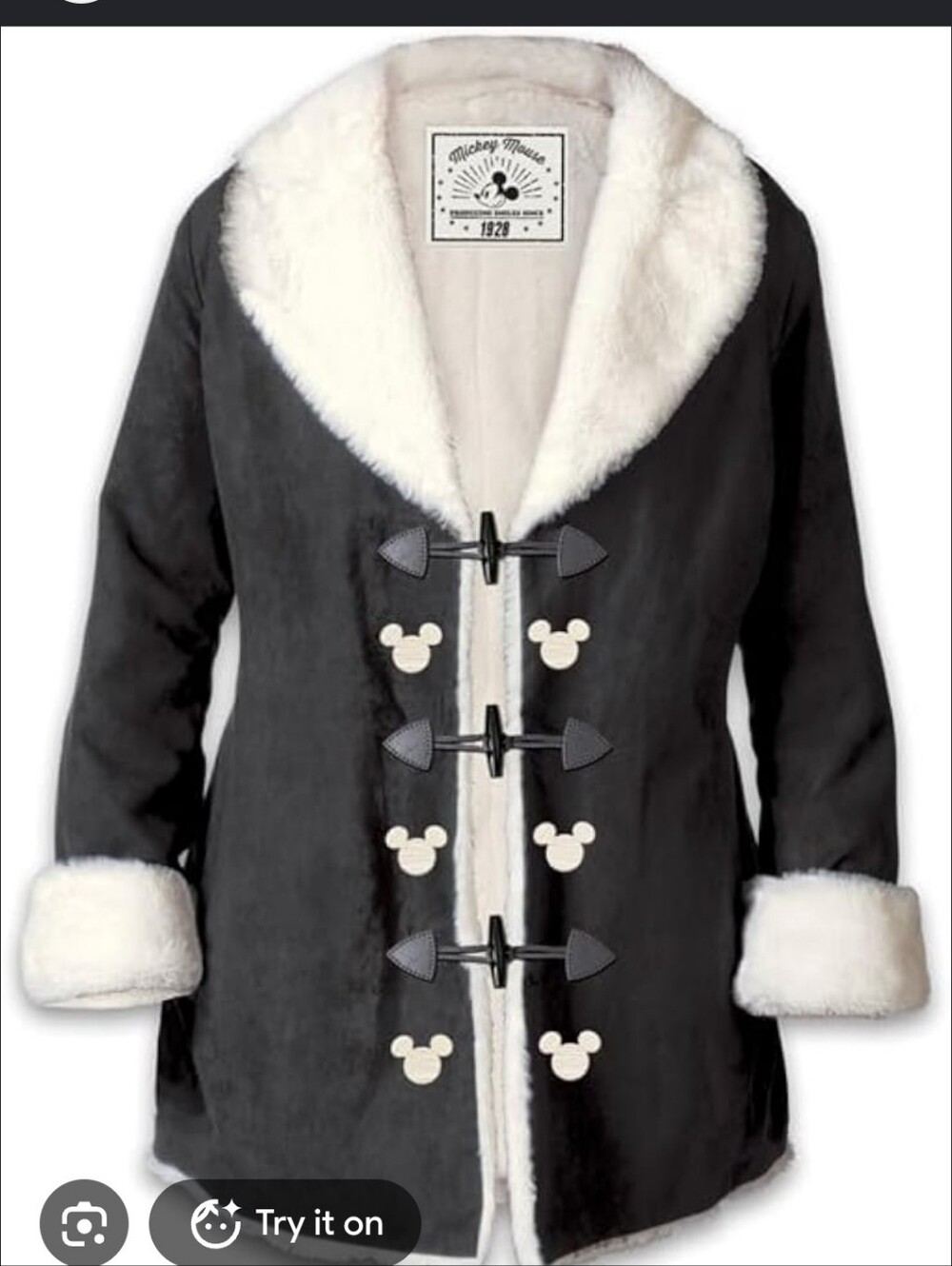 Disney Mickey Mouse Faux Suede Faux Fur Toggle Coat L